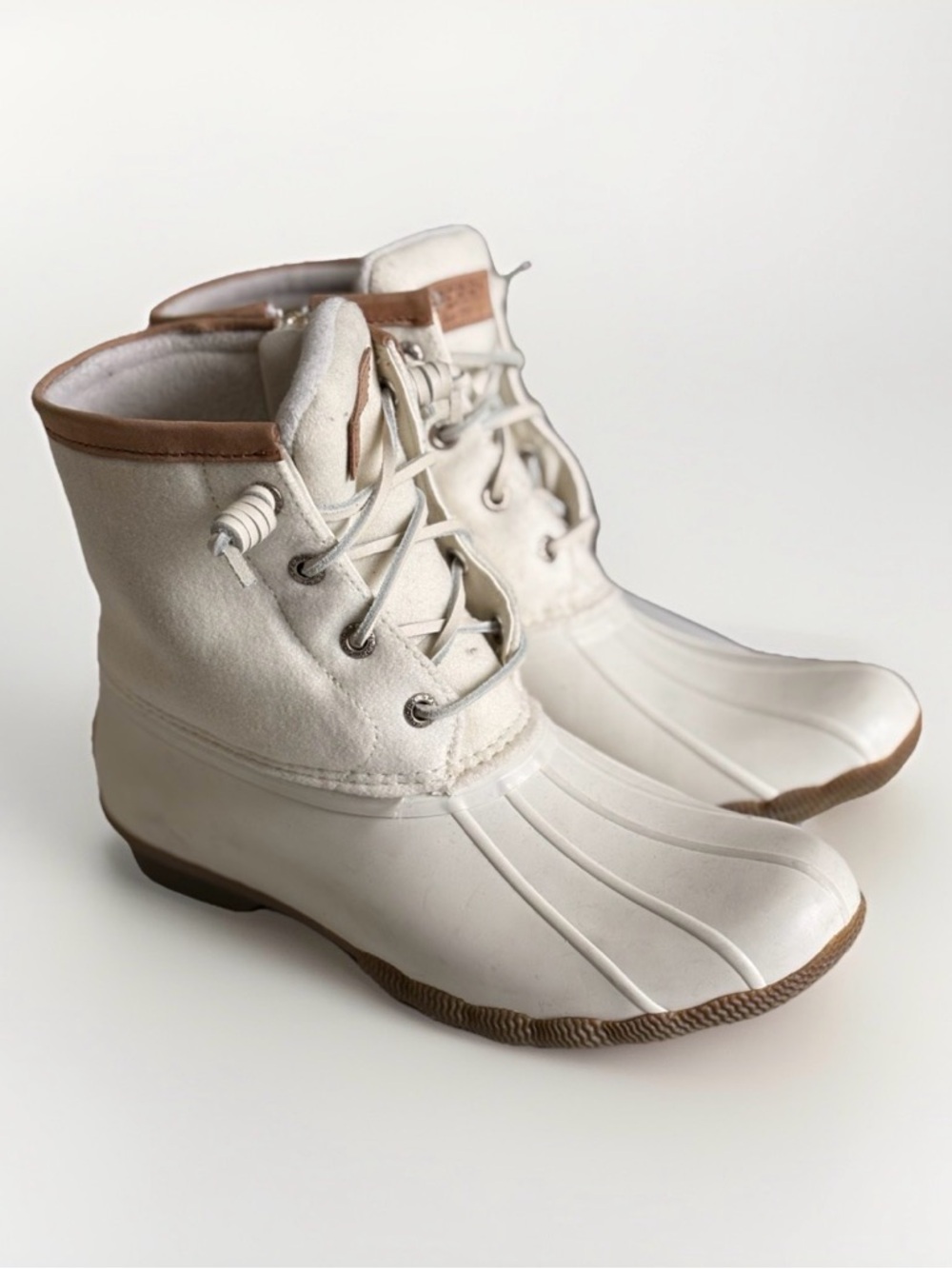 Sperry STS87954 Waterproof Beige Ankle Rain Boots Lace Up Wool Lined Women's 6.5